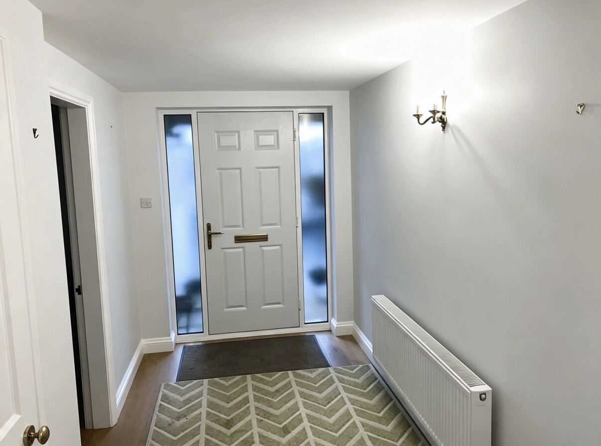 Freshly decorated entrance hallway with front door