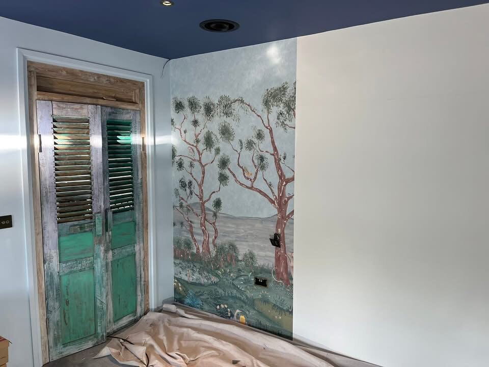 Hand-applied scenic mural feature wall